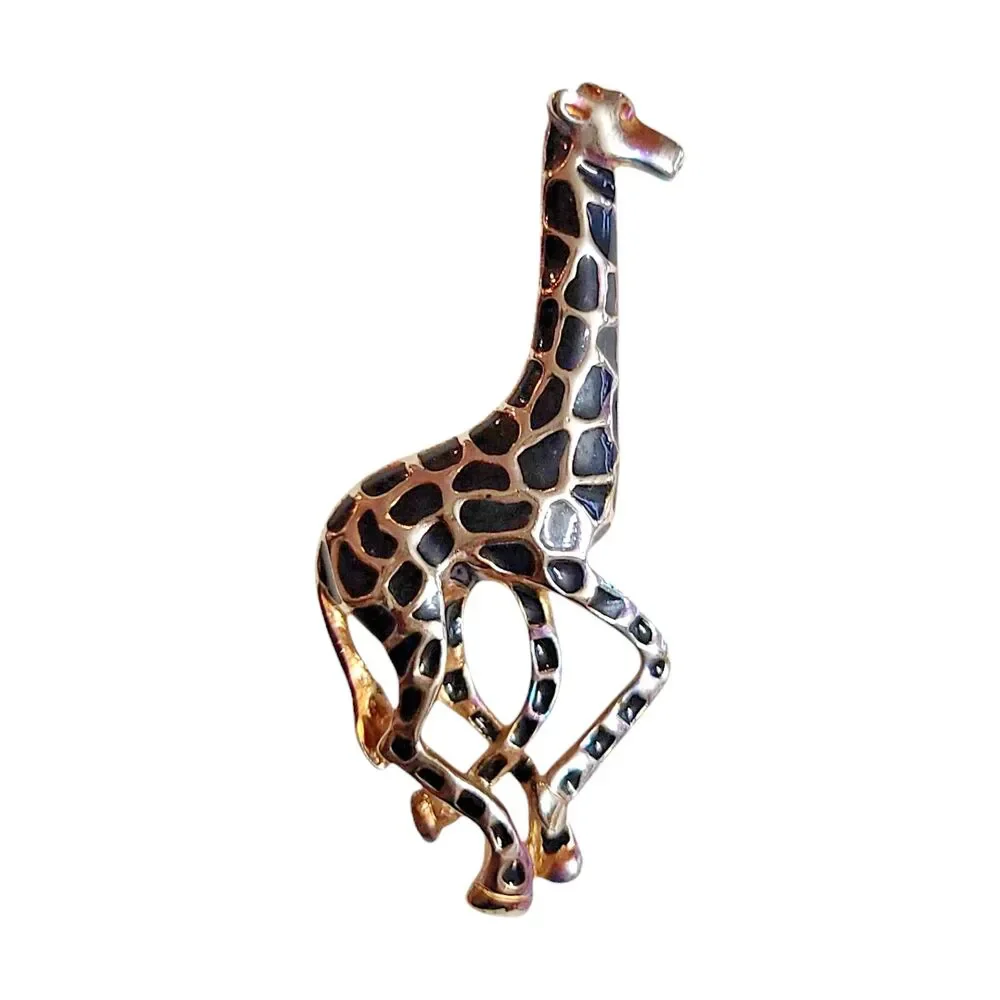 Vintage Giraffe Brooch Gold Tone Black Enamel Spots Red Eyes